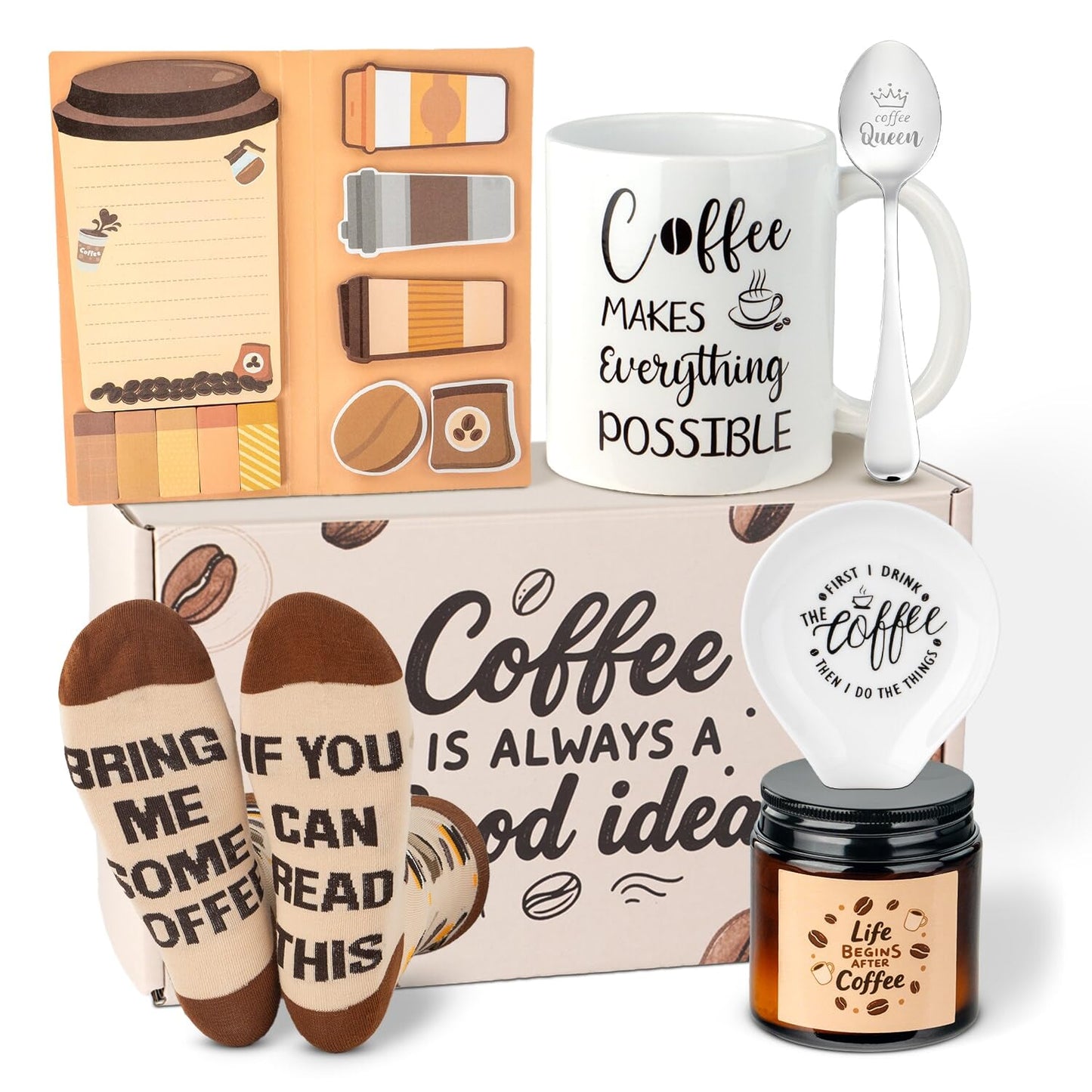 Ithmahco Coffee Lover Gifts for Women Men - Includes Mug Spoon Rest Holder Candle Socks Sticky Notes Set, Coffee Gift Basket for Birthday Mothers Day Galentines Valentines Day Christmas Gift Ideas