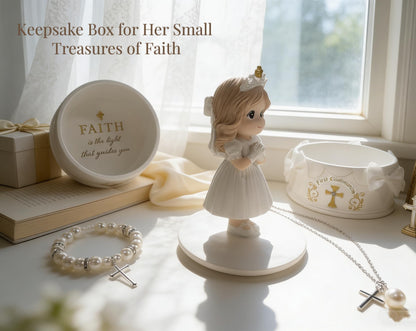First Communion Gifts for Girls - 1st Holy Communion Gift with Prayerful Girl Figurine, Keepsake Box & Pearl Bracelet - Religious Keepsake Gift for Girls