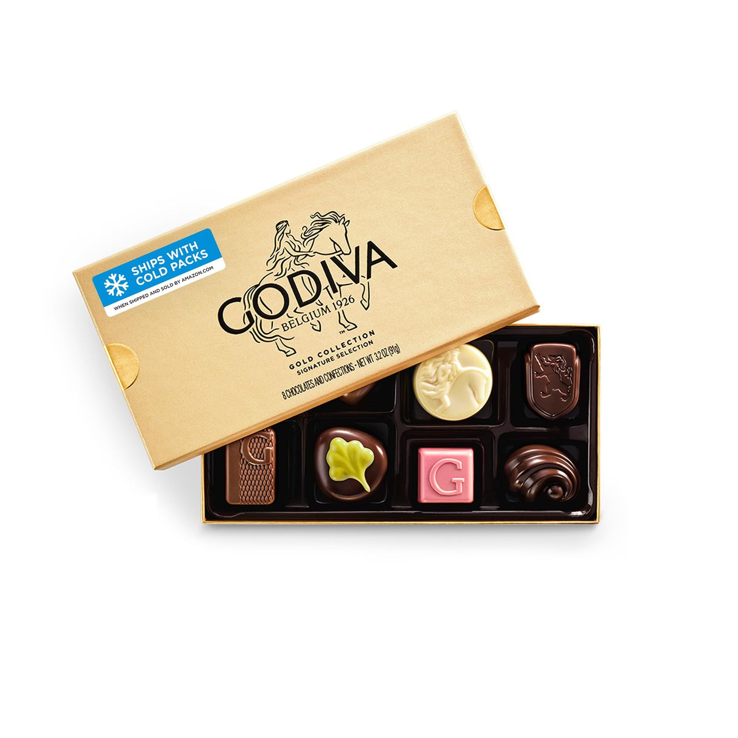 Godiva Gold Assorted Chocolate Gift Box, Belgian Dark and Milk Chocolates with Pralinés, Ganaches & Caramels, Gourmet Gift for Birthdays, Holidays, Kosher, 8 Pc