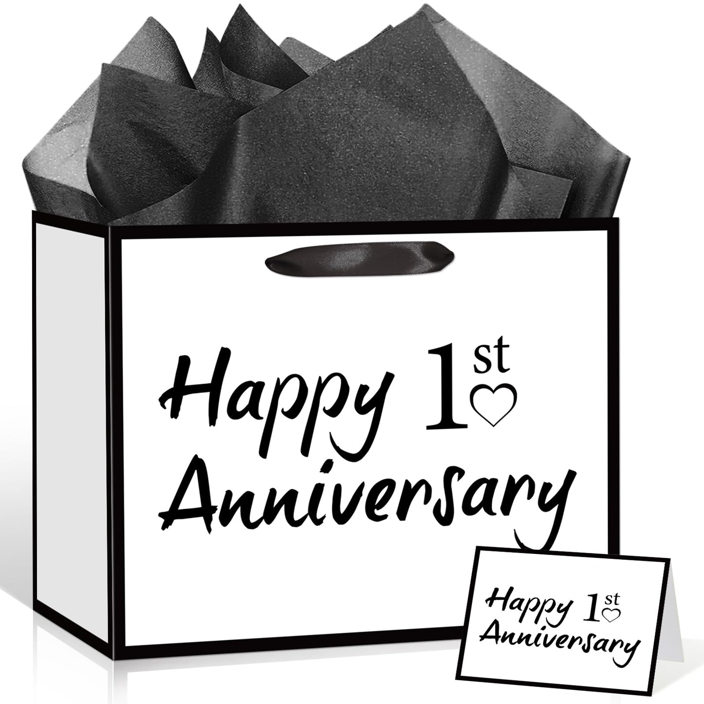 TagreSpike 1st Anniversary Paper Gift Bag with Tissue Paper and Card - Large Happy 1st Anniversary Wrapping Bag - Black and White Paper Anniversary Party Supplies for Husband Wife Couple