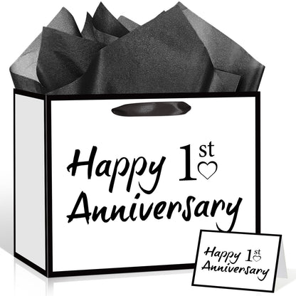 TagreSpike 1st Anniversary Paper Gift Bag with Tissue Paper and Card - Large Happy 1st Anniversary Wrapping Bag - Black and White Paper Anniversary Party Supplies for Husband Wife Couple