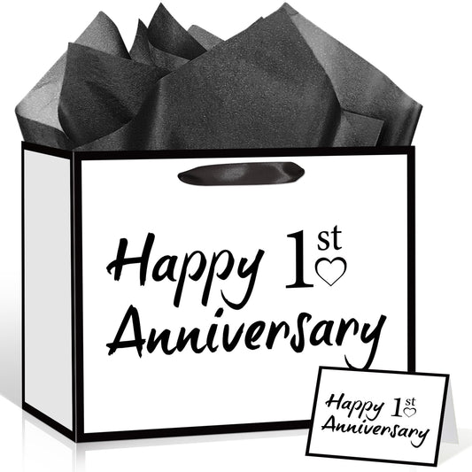 TagreSpike 1st Anniversary Paper Gift Bag with Tissue Paper and Card - Large Happy 1st Anniversary Wrapping Bag - Black and White Paper Anniversary Party Supplies for Husband Wife Couple