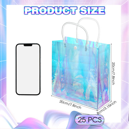 Sherr 25 Pcs Clear Holographic Small Gift Bag Iridescent Reusable PVC Plastic Gift Wrap Tote Bag for Shopping Wedding Birthday Baby Shower Party Favor, 7.87" x 7.87" x 3.15"