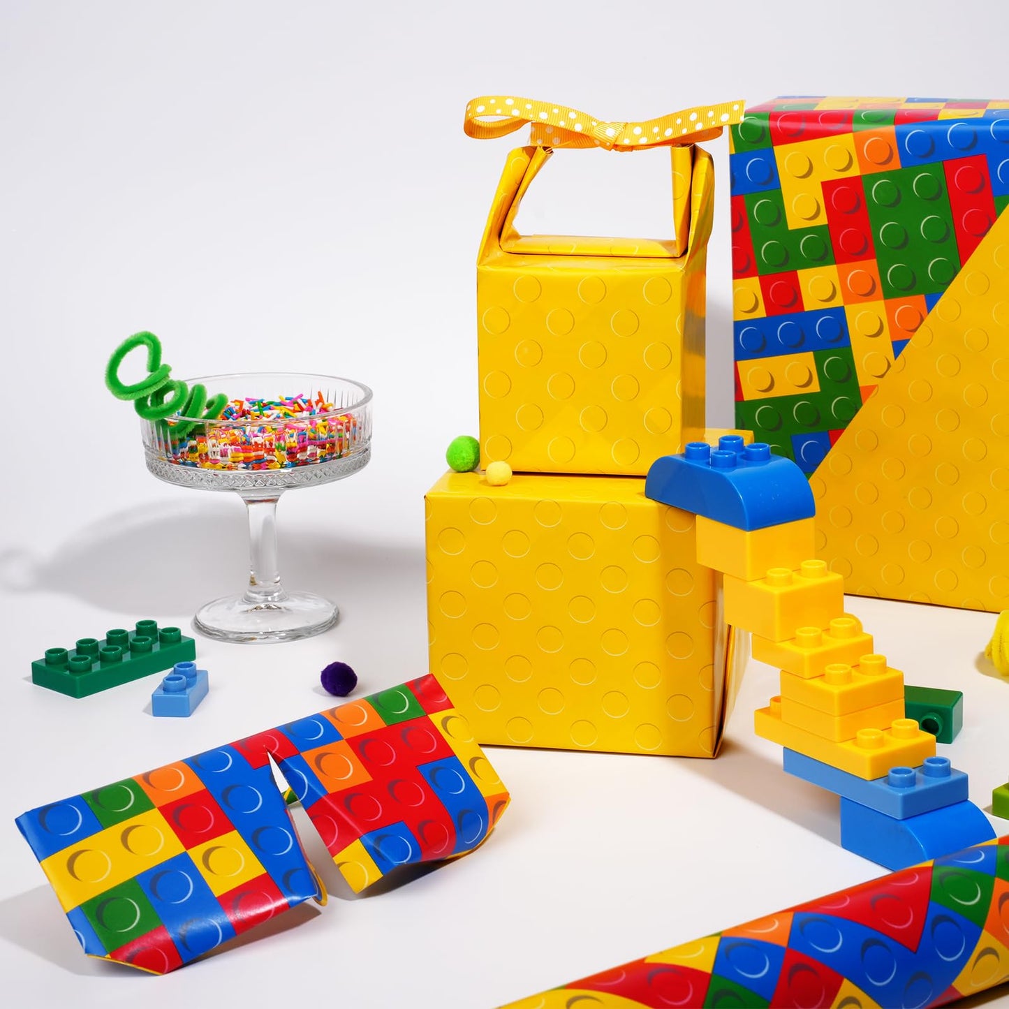 BIOBROWN Reversible Building Blocks Wrapping Paper for Boys Girls - 17 Inch X 33 Ft - Colorful Building Bricks Design Gift Wrap Paper for Kids Birthday Party Toy Lovers