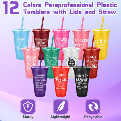Meanplan 24 Pcs Paraprofessional Appreciation Gifts Bulk 24 oz Plastic Tumbler with Lids and Straws Paraprofessional Thank You Cups Travel Mugs Inspirational Gifts for Coworkers Office Supplies