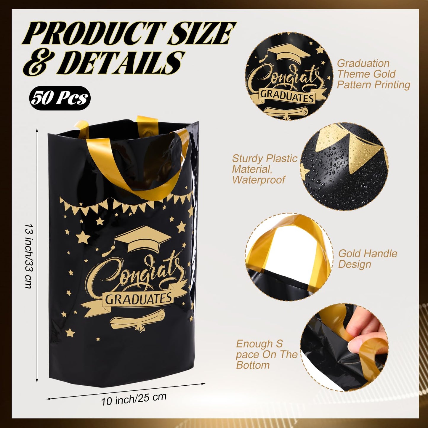 Kolldenn 50 Pcs Graduation/thank You Gifts Bags Employee Appreciation Goodie Bags with Handles Congrats Grad Reusable Plastic Party Favors for Gift Wrapping(Black Gold,Congrats Graduates)