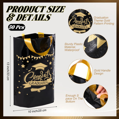 Kolldenn 50 Pcs Graduation/thank You Gifts Bags Employee Appreciation Goodie Bags with Handles Congrats Grad Reusable Plastic Party Favors for Gift Wrapping(Black Gold,Congrats Graduates)