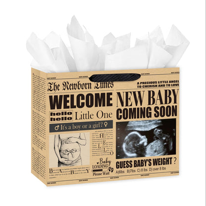 Loveinside 13" Large Baby Shower Newspaper Gift Bag, Vintage Welcome New Baby Design, Gender Neutral Kraft Party Bag with Tissue Paper for Pregnancy Announcement, Newborn Gifts, 13" x 5" x 10", 1 Pcs