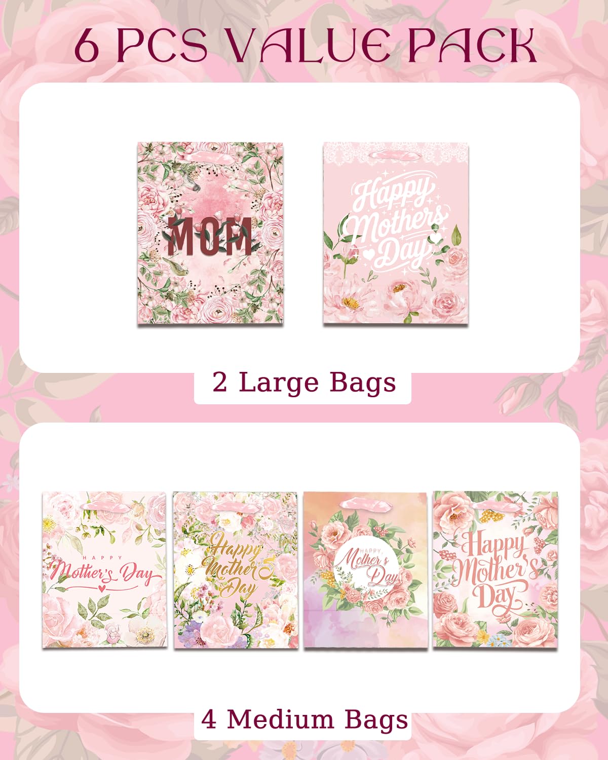 qiqee Pink Assorted Mother's Day Paper Bags with Tissue Paper 6PCS Cardboard Gift Bags for Women Mom Grandma Party Supply (4 PCS Medium Size+2 PCS Large Size+ Tissue Paper)