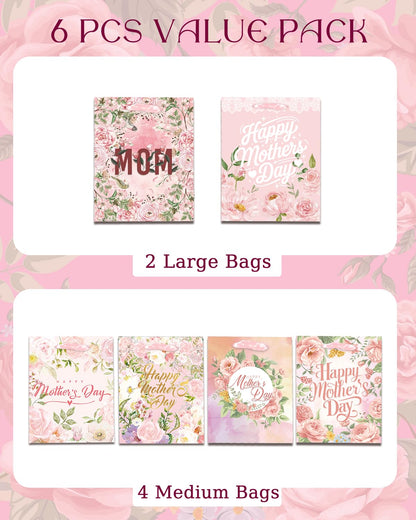 qiqee Pink Assorted Mother's Day Paper Bags with Tissue Paper 6PCS Cardboard Gift Bags for Women Mom Grandma Party Supply (4 PCS Medium Size+2 PCS Large Size+ Tissue Paper)