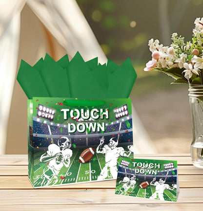 MUNILAIL 13 Inches Football Gift Bag Large Gift Bag with Handle Tissue Paper and Greeting Card for Birthday Baby Shower Football Themed Party Large Paper Gift Bag