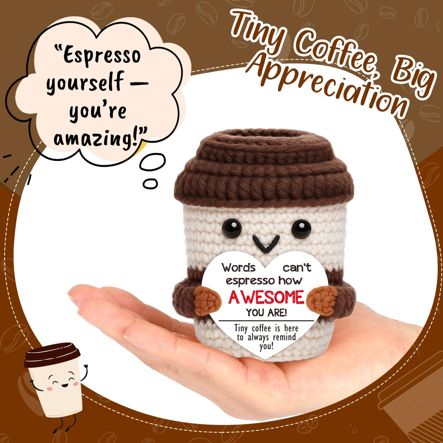 OCCdesign Mini Birthday Inspirational Gifts for Women Men Cheer Up Support Handmade Crochet Coffee Gift for Coworkers Friend Teachers Nurses Stress Relief Mental Health Self Care Office Gift