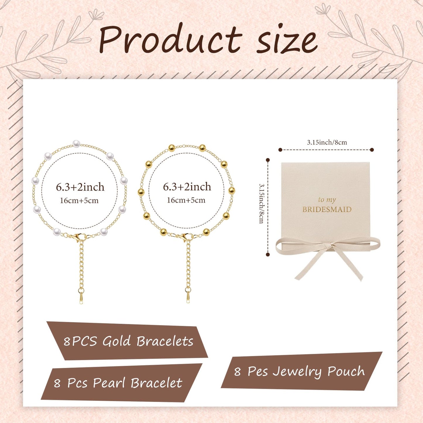 Dreamfox 24PCS 8 Set Bridesmaid Gift Pearl Bracelets for Women 18K Gold Bracelets Bulk Surgical Stainless Steel Bridesmaid Jewelry for Wedding Party Favor