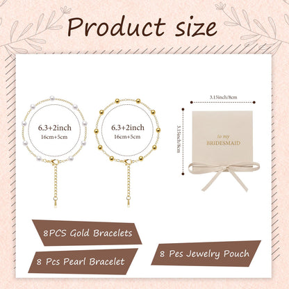 Dreamfox 24PCS 8 Set Bridesmaid Gift Pearl Bracelets for Women 18K Gold Bracelets Bulk Surgical Stainless Steel Bridesmaid Jewelry for Wedding Party Favor