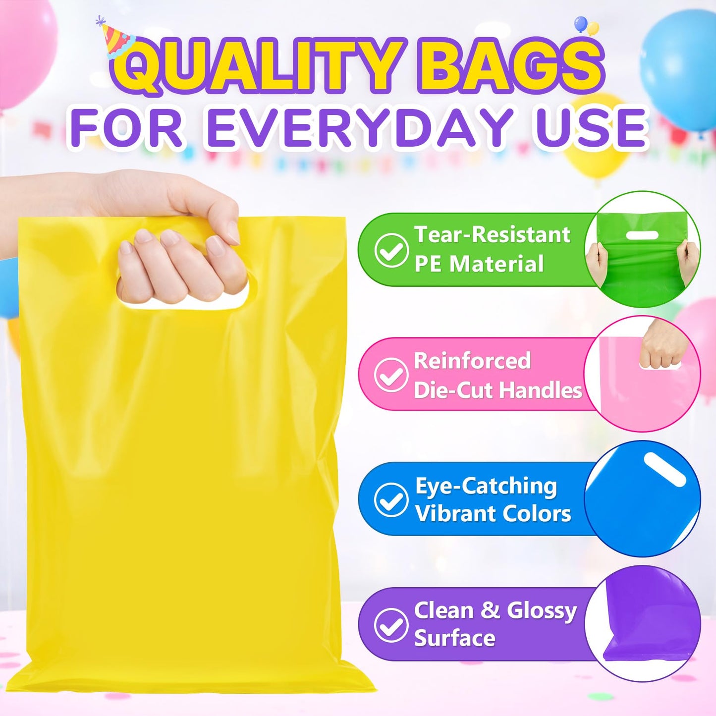 ANZNKU 8"x11" Yellow Party Favor Bags 50 PCS, Plastic Gift Bags for Easter Candy Treat Jewelry Craft, Goodie Bag with Die Cut Handles for Birthday, School Events & Small Business, Wedding