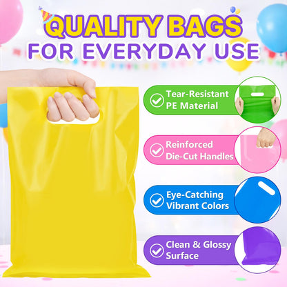 ANZNKU 8"x11" Yellow Party Favor Bags 50 PCS, Plastic Gift Bags for Easter Candy Treat Jewelry Craft, Goodie Bag with Die Cut Handles for Birthday, School Events & Small Business, Wedding