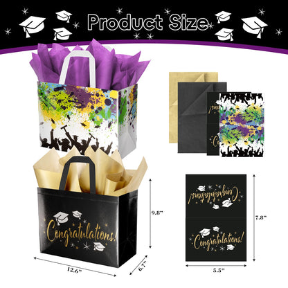 ysmile 2-Pack 2026 Graduation Gift Bags with Tissue Paper & Cards – Reusable Non-Woven Totes for Grad Congrats (12.6", White Colorful & Black Gold)