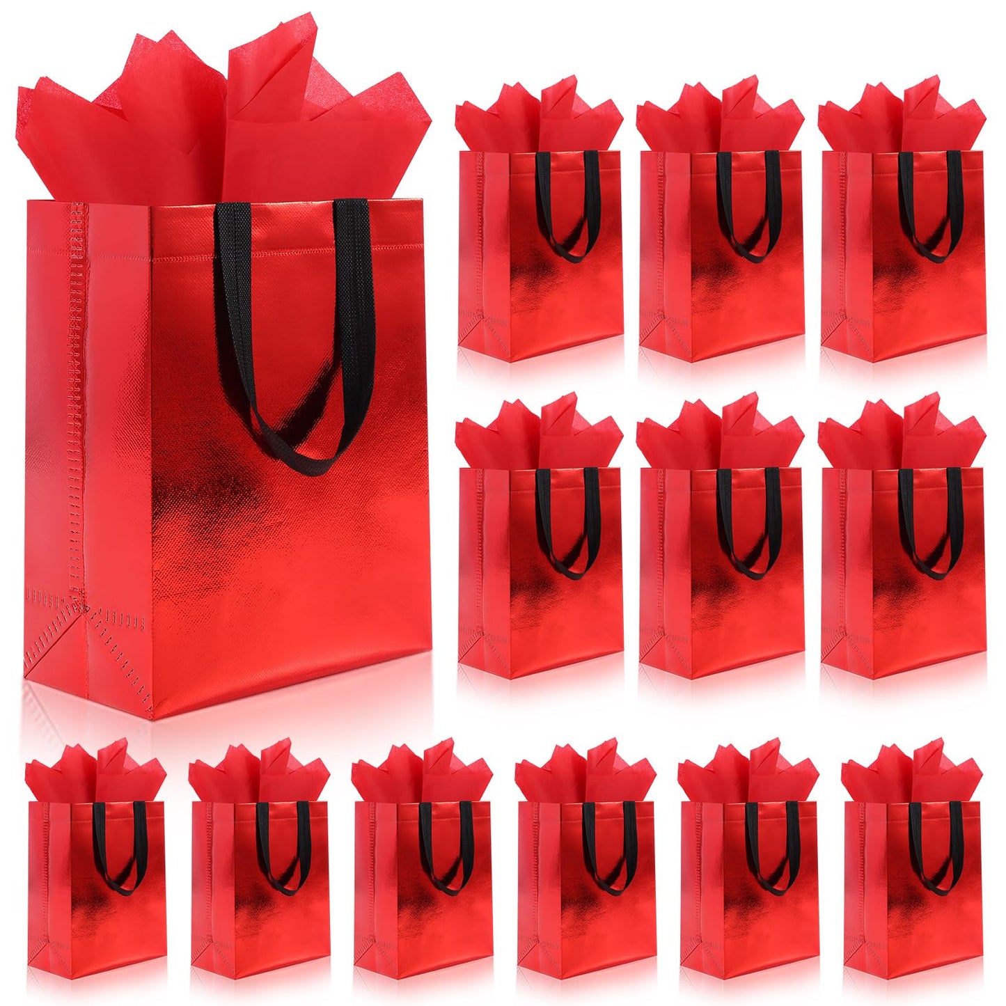 Addblu 12 Pack Reusable Gift Bags with Handles & 24 Tissue Papers, 10x4x8 Inch Iridescent Gift Bags with Cardboard Bases for Shopping, Parties, Birthdays, Weddings, Holiday (Red Gift Bag)