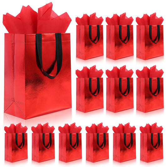 Addblu 12 Pack Reusable Gift Bags with Handles & 24 Tissue Papers, 10x4x8 Inch Iridescent Gift Bags with Cardboard Bases for Shopping, Parties, Birthdays, Weddings, Holiday (Red Gift Bag)