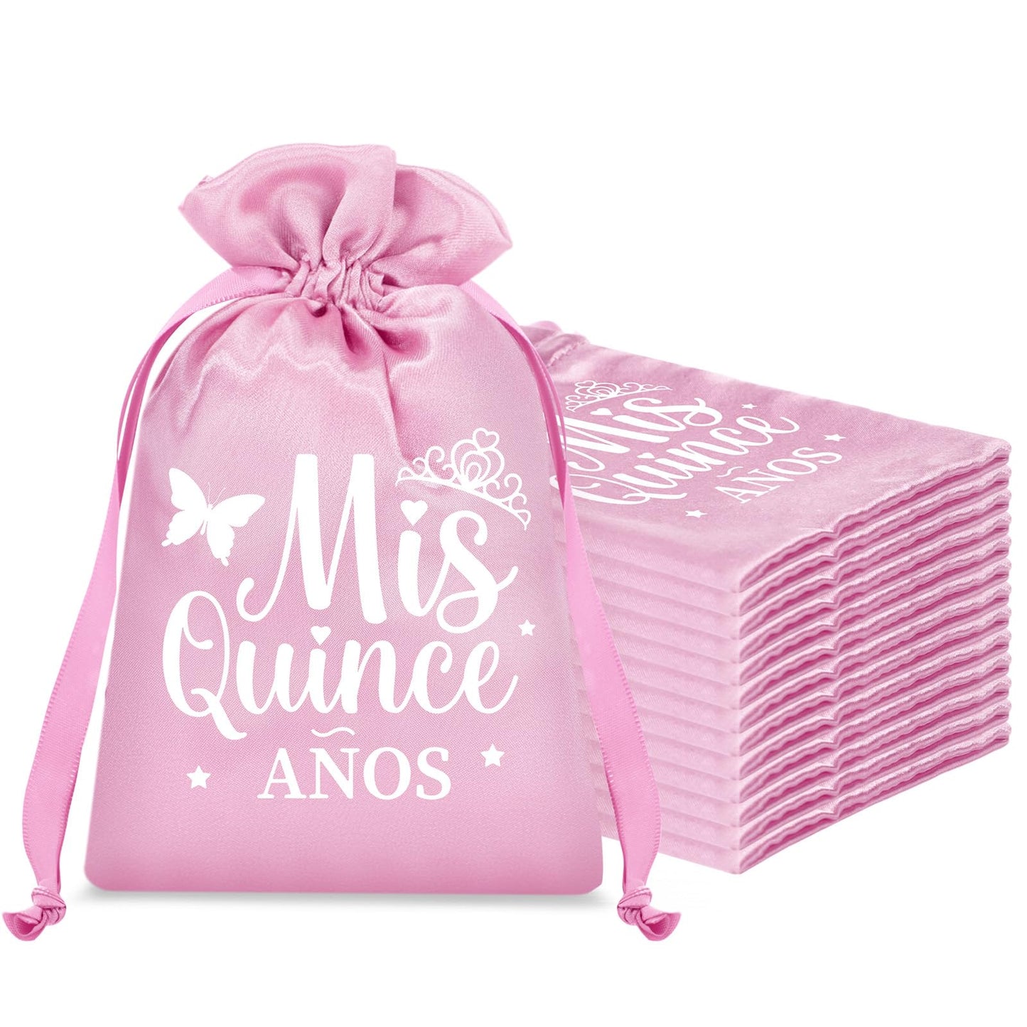 Sweetude 25 Pcs Quinceanera Party Gift Bags for Guests Sweet 15 Años Quinceañeras Silk Satin Gift Candy Bags with Drawstring for Mis Quince Birthday Decoration(Pink)