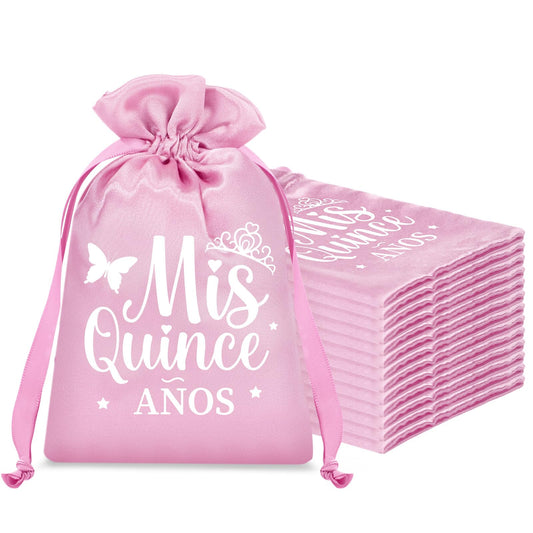 Sweetude 25 Pcs Quinceanera Party Gift Bags for Guests Sweet 15 Años Quinceañeras Silk Satin Gift Candy Bags with Drawstring for Mis Quince Birthday Decoration(Pink)