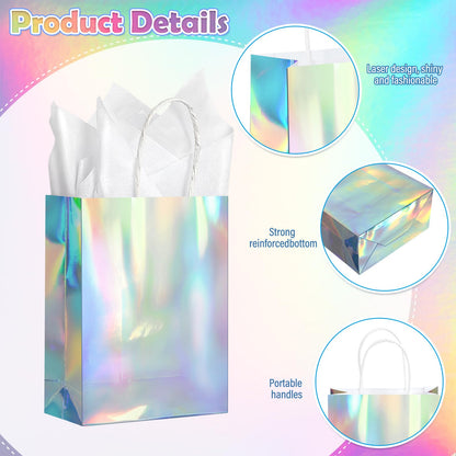 24 Pcs Iridescent Gift Bags Decorations, Holographic Foil Party Favor Bags with Handles, Glitter Paper Candy Goodie Bag with 24 Tissue Paper for Graduation Birthday Baby Shower Party Supplies
