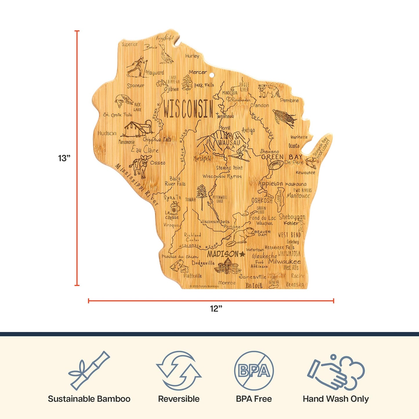 Totally Bamboo Destination Wisconsin State Shaped Serving and Cutting Board, Includes Hang Tie for Wall Display
