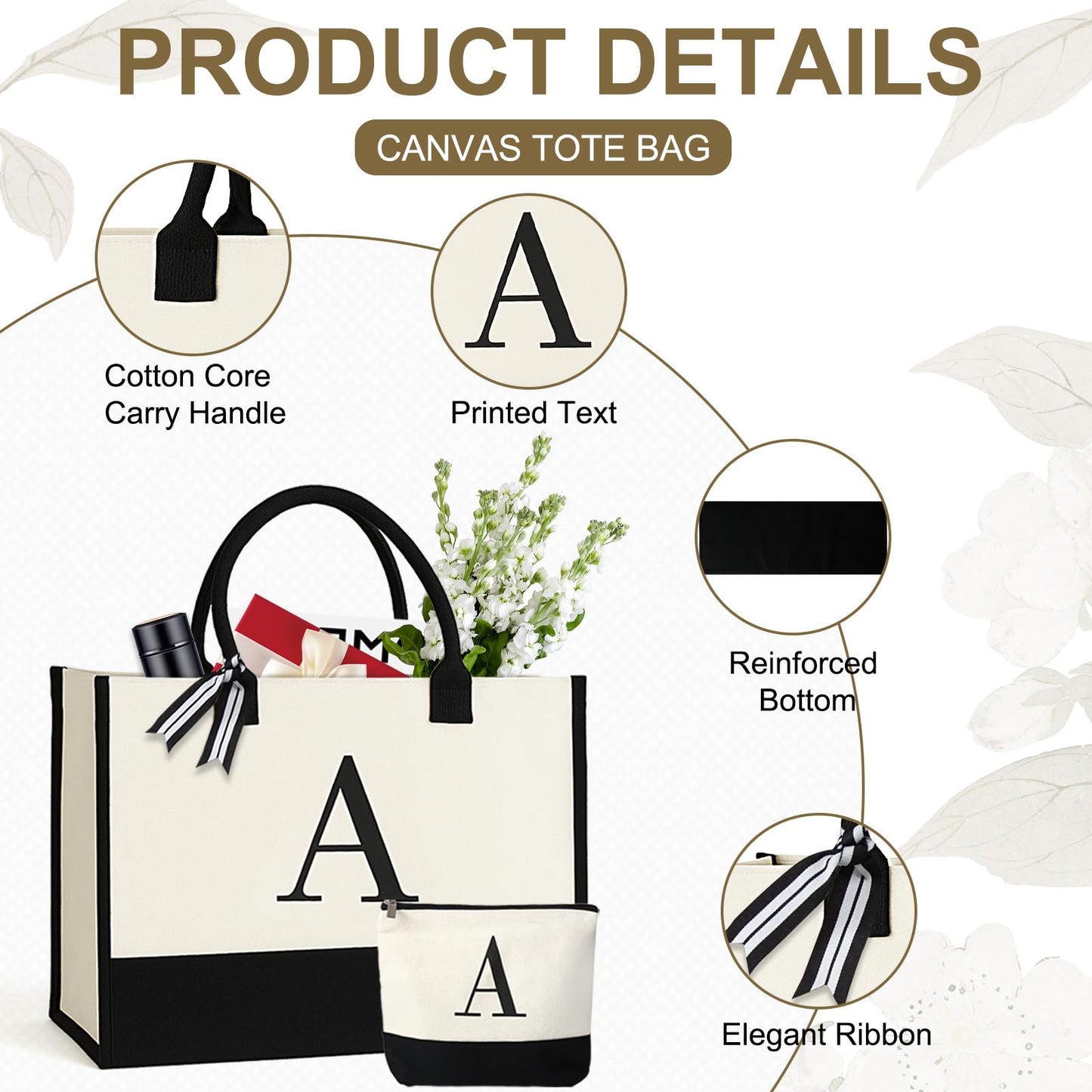 Personalized Canvas Tote Bag for Women Makeup Pouch Initial Beach Bag Removable Bottom Board for Travel Birthday