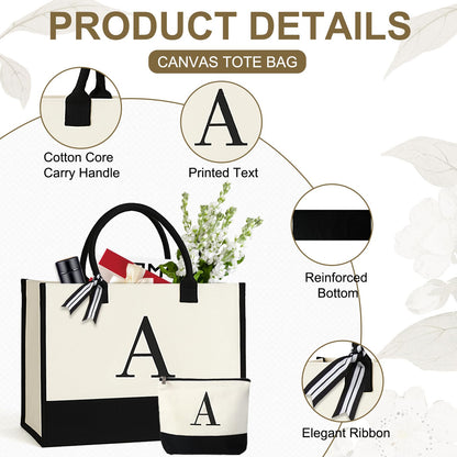Personalized Canvas Tote Bag for Women Makeup Pouch Initial Beach Bag Removable Bottom Board for Travel Birthday