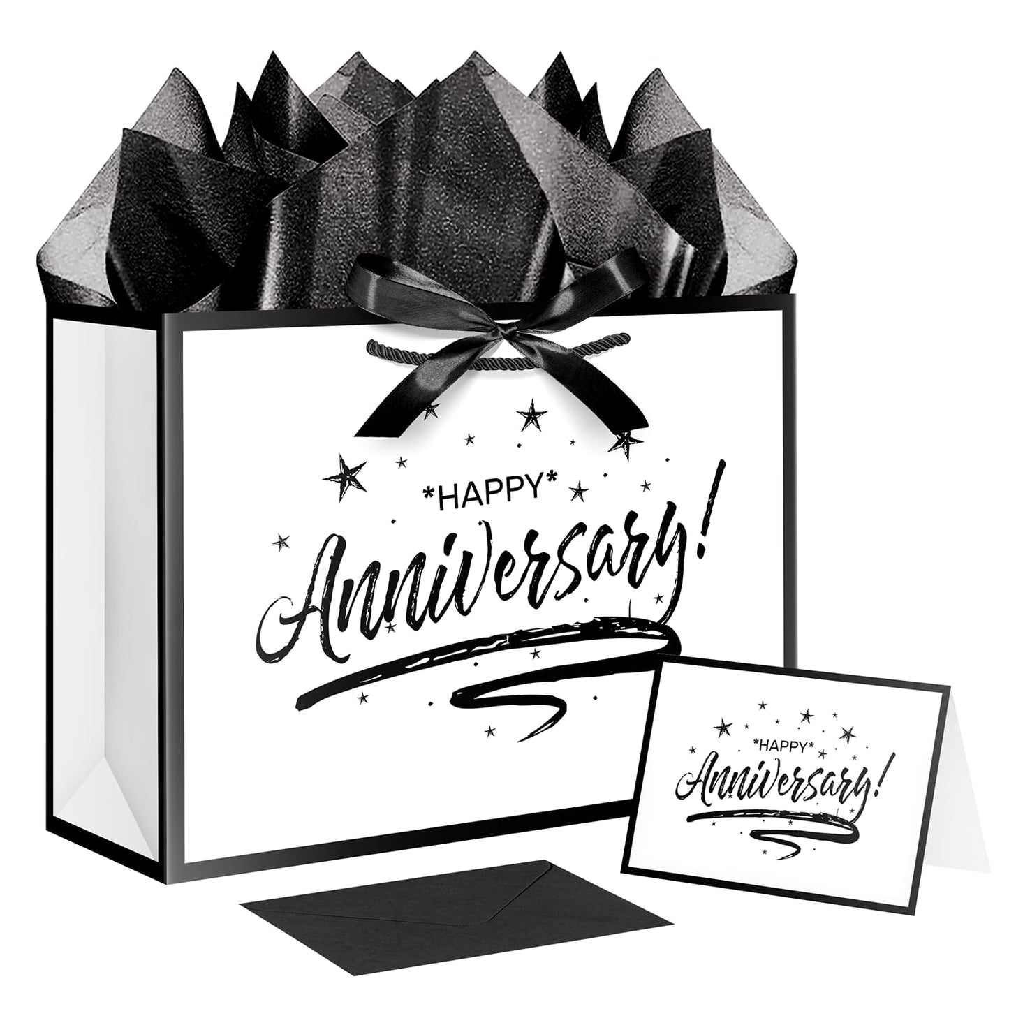 XiaosRen Extra Large Happy Anniversary Bag with Tissue Papers and Card, White Black Gift Bag with Ribbon for Men Women Anniversary Party Supplies (17" Star)