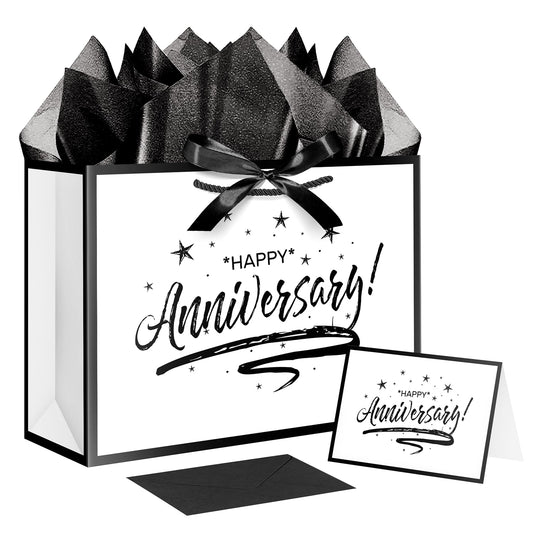 XiaosRen Happy Anniversary Bag with Tissue Papers and Card, White Black Gift Bag with Ribbon for Men Women Anniversary Party Supplies (Star)