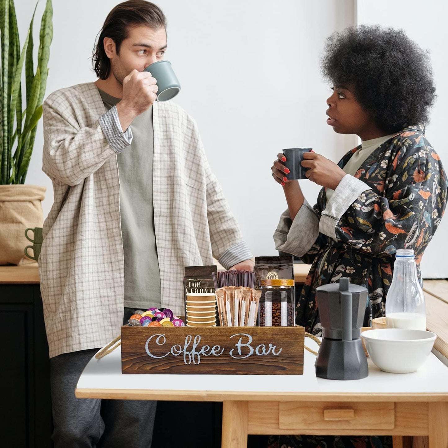 QUALLON Coffee Station Organizer with Small Removable Dividers, Wooden Coffee Bar Accessories Storage For Countertop, Farmhouse Kcup Coffee Pod Holder Basket With Handle For Coffee Lover