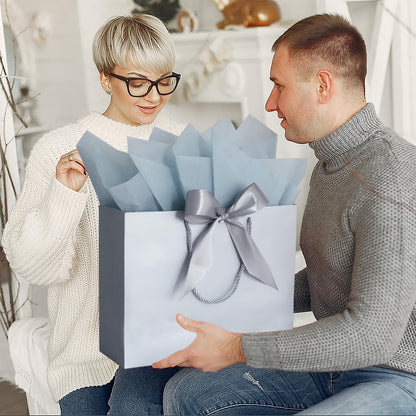 Large Gift Bags, 2PCS Gift Bags with Handle Tissue Paper Greeting Card, 13’’ Portable Birthday Gift Bag Set, Silver Present Bags for Birthday Party Favor Wedding Baby Shower Father’s Day, 13x10x4inch