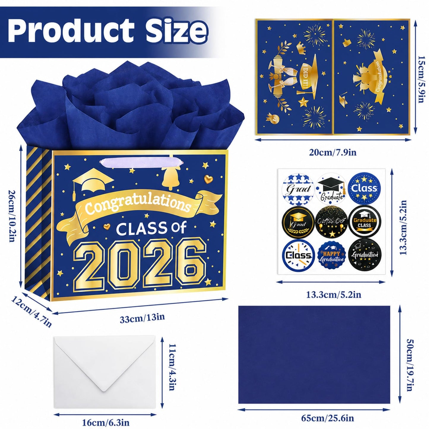 Konsait 13" Large Graduation Gift Bags, Blue Class of 2026 Graduation Bags with Tissue Paper and Greeting Card for Gift Wrapping, Celebrations, Parties & More