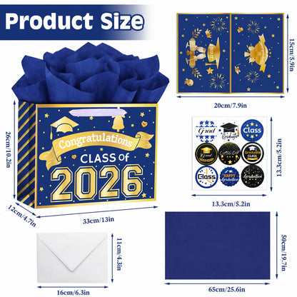 Konsait 13" Large Graduation Gift Bags, Blue Class of 2026 Graduation Bags with Tissue Paper and Greeting Card for Gift Wrapping, Celebrations, Parties & More