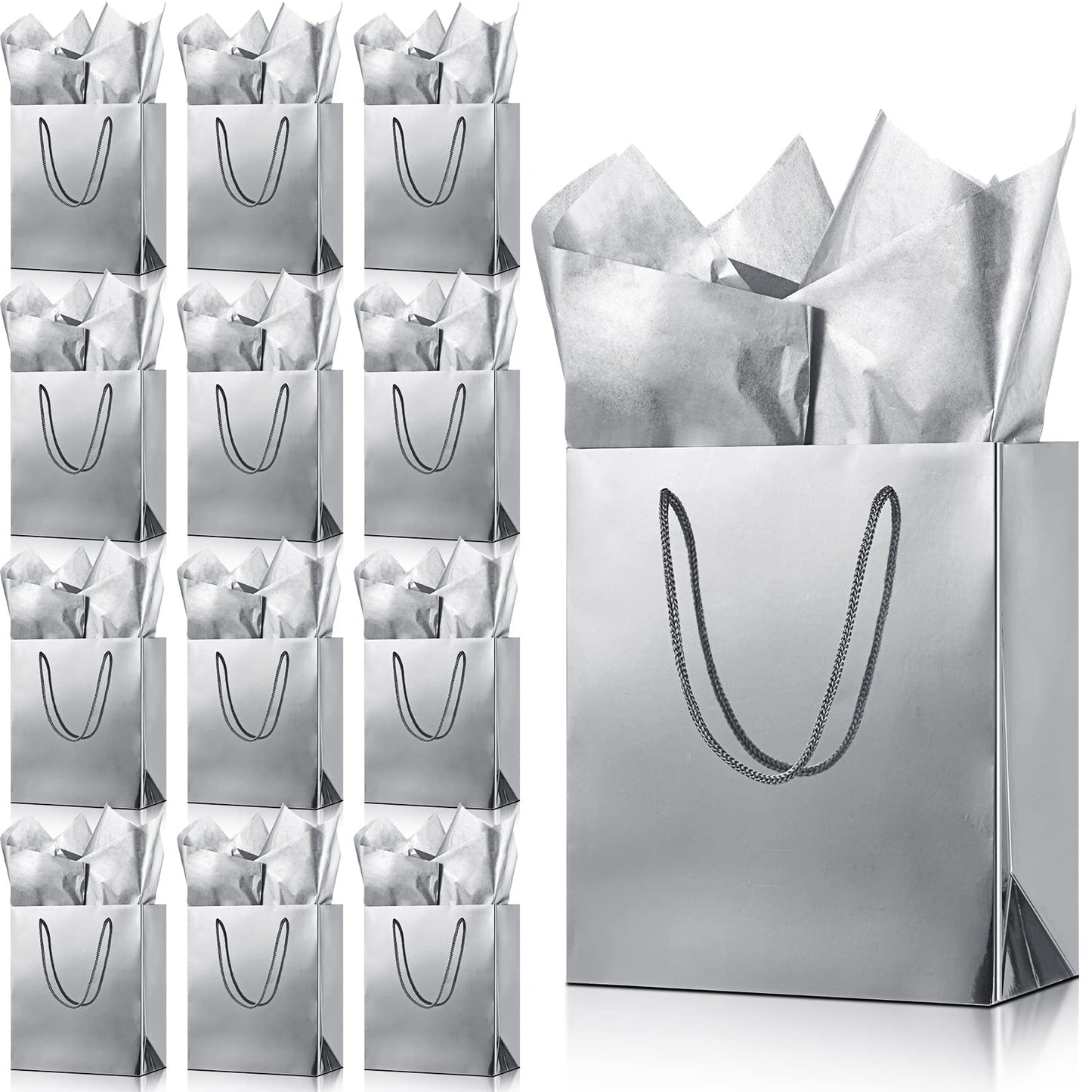 TaoBary 12 Pack Silver Gift Bags with Tissue Paper, 9''x8''x4'' Metallic Paper Bags with Handles, Medium Size for Wedding, Birthday, Baby Shower Party Favors