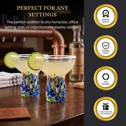 Large Stemless Margarita Glasses Set of 2-14oz Luxury Hand Blown Confetti Margaritas, Martini, Cocktails, Water, Wine, Dessert & Champagne Glasses Cinco de Mayo