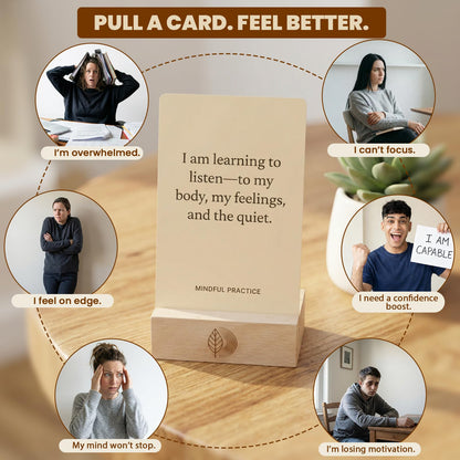 Affirmation Cards, 100 Mindful Prompts with Wooden Display Stand - Daily Affirmations for Inspiration, Mindfulness & Self Care - Unique Affirmation Gifts for Women or Men