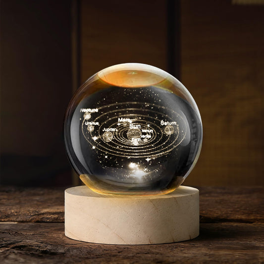 3D Solar System Crystal Ball, 60mm Laser Engraved Astronomy Space Decor with Multi-Color LED Wood Base, Unique Educational Gift for Kids, Teens, Science & Physics Lovers, Desk Ornaments