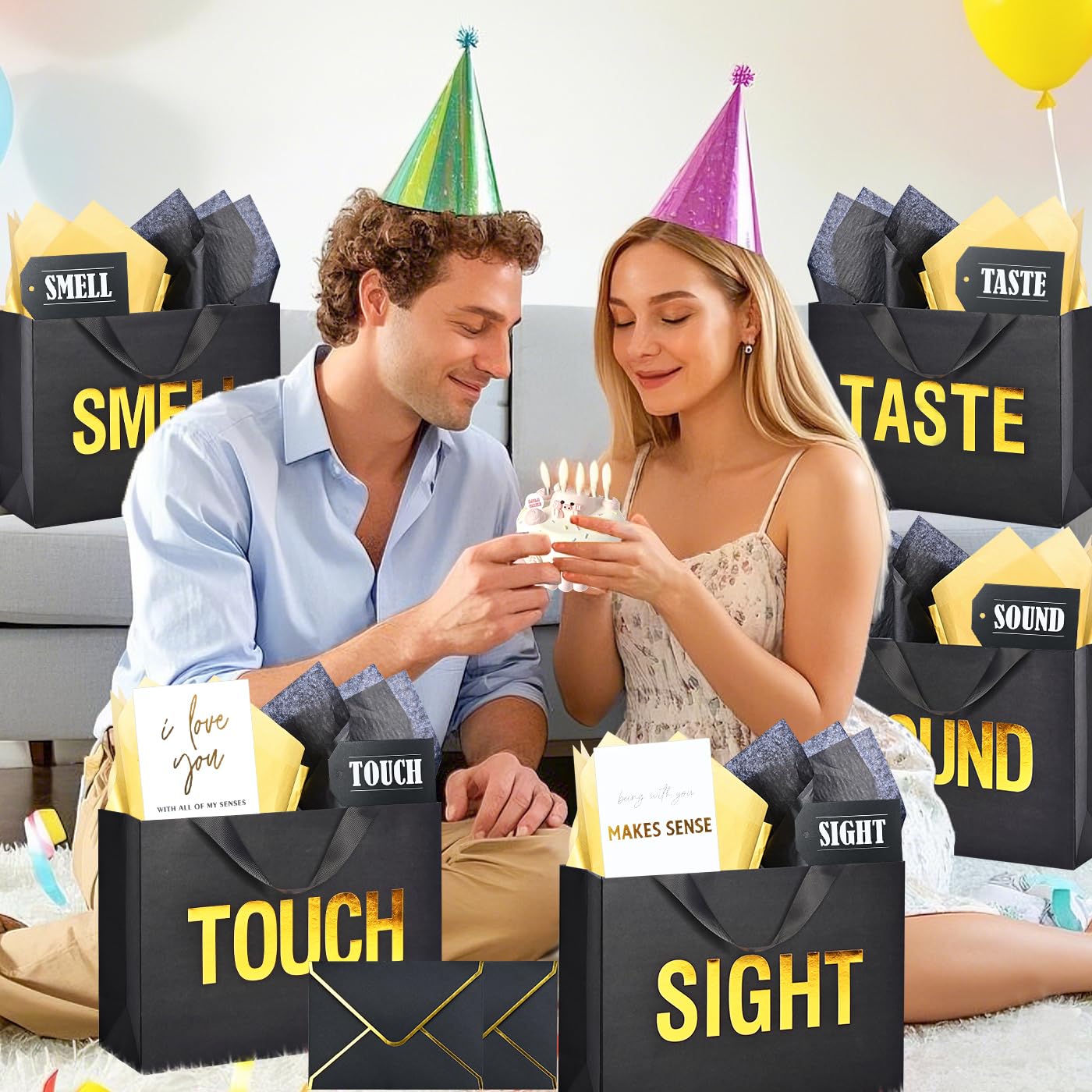 Large 5 Senses Gift Bags for Him with Labels, Envelopes and Cards,Gold Foil Five Senses Gift Bag for Her with Handles & Tissue Paper for Valentine's Day, Birthday, Wedding, Anniversary 12.6"X8.7"X4"