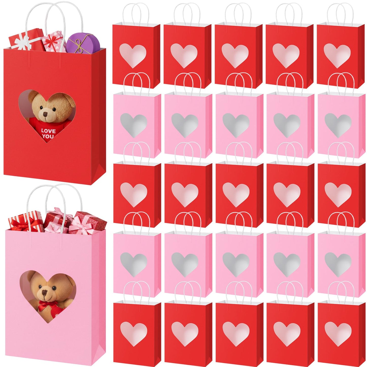 Gilprop 24 Pcs Red Pink Paper Gift Bags with Heart Clear Window & Handles, Treat Bags Bulk for Mother's Day, Galentines Party, Wedding Favor, Bridal Shower Packaging for Candy Cookies (Red Pink)
