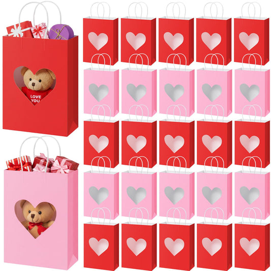Gilprop 24 Pcs Red Pink Paper Gift Bags with Heart Clear Window & Handles, Treat Bags Bulk for Mother's Day, Galentines Party, Wedding Favor, Bridal Shower Packaging for Candy Cookies (Red Pink)