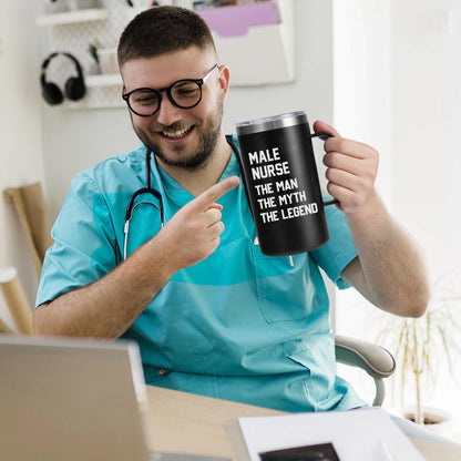 Lifecapido Male Nurse Gifts, The Man The Myth The Legend 20oz Stainless Steel Coffee Mug with Badge Reel Pen, Birthday Graduation Nurse Appreciation Gifts for Male Nurses, Black