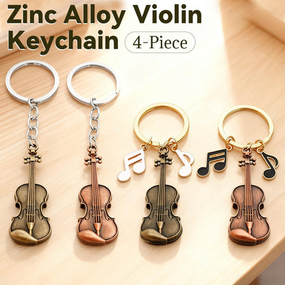Zinc Alloy Violin Keychain, Weathered Charm in Bronze and Red Copper, Pocket-Sized Tiny Violin Keyring with Musical Notes - 4-Piece Set, Artistic Decor for Music Lovers