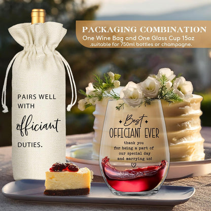 Wedding Officiant Gifts Wine Bag, Best Officiant Ever Gifts from Couple, Bride Groom Thank You Wedding Gift, Funny Wine Glass and Wine Bag Set(Officiant-Beige)