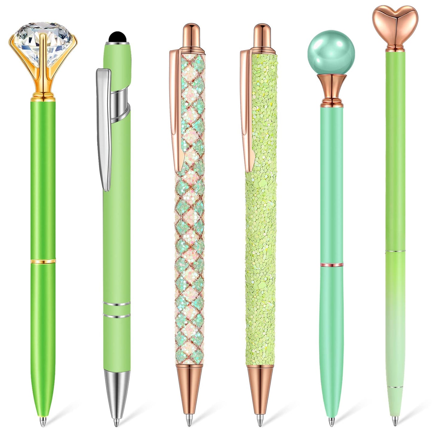 Qeeenar 6 Pcs Ballpoint Pens Set Metal Crystal Diamond Pen for Journaling Glitter Pretty Cute Stationery Black Ink Fancy Gifts for Women Girls Teacher Office Wedding School Supplies(Green Series)