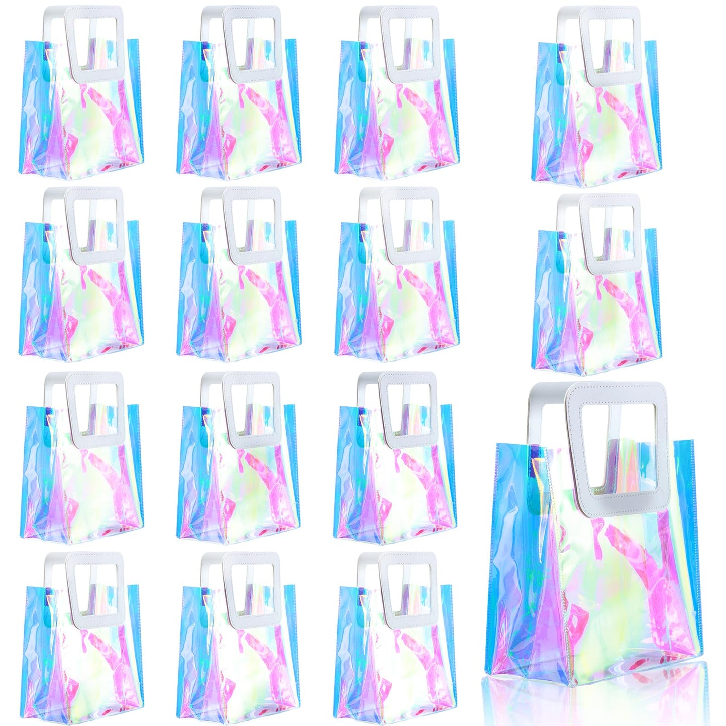 GcFoir Small Iridescent Gift Bags with Handles,15 Pcs 8.3''x8''x4'' Holographic Bachelorette Party Favor Bags, Clear Gift Bags with Handles, Reusable PVC Tote Goodie Bags for Shopping, Baby Showers