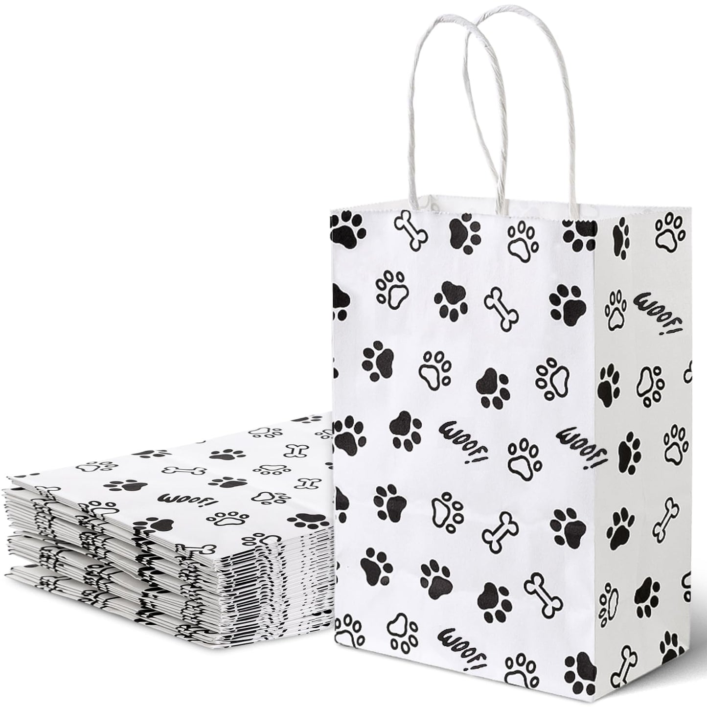 LovesTown 16 Pack Goodie Bags, 5.5 x 2.8 x 8 Inch Animal Party Favor Paw Prints Gift Bags with Handles for Dog Pet Themed Party Retail Grocery Bulk Supplies