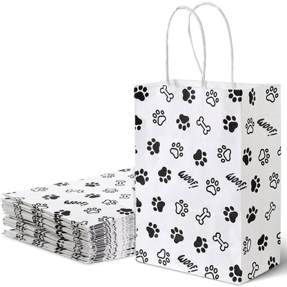 LovesTown 16 Pack Goodie Bags, 5.5 x 2.8 x 8 Inch Animal Party Favor Paw Prints Gift Bags with Handles for Dog Pet Themed Party Retail Grocery Bulk Supplies
