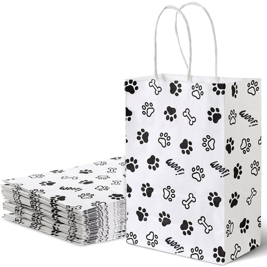 LovesTown 16 Pack Goodie Bags, 5.5 x 2.8 x 8 Inch Animal Party Favor Paw Prints Gift Bags with Handles for Dog Pet Themed Party Retail Grocery Bulk Supplies